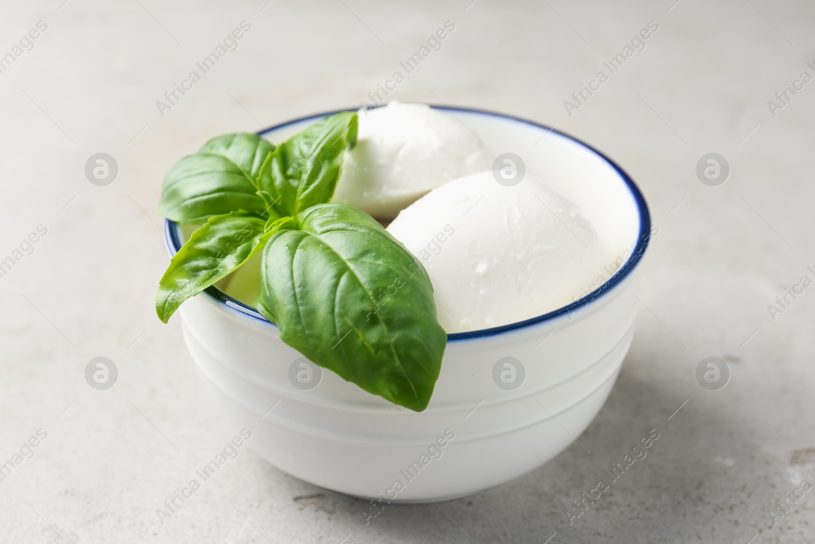 Tasty mozzarella cheese and basil on light table, closeup Photo of Tasty mozzarella cheese and basil on light table, closeup