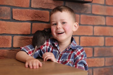 Photo of Little boy with his pet rat at wooden table indoors