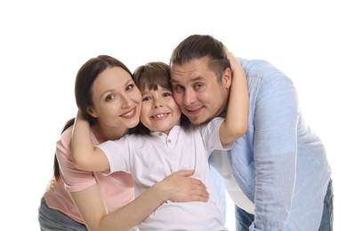 Photo of Portrait of lovely family on white background