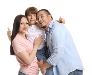 Photo of Portrait of lovely family on white background