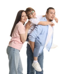 Photo of Portrait of lovely family on white background