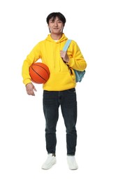 Photo of Student with basketball ball and backpack on white background