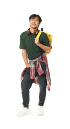 Photo of Student with headphones and backpack on white background