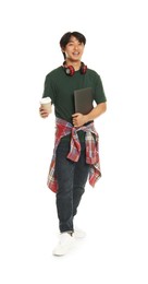 Photo of Student with headphones, coffee and laptop on white background