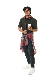 Photo of Student with headphones, coffee and laptop on white background