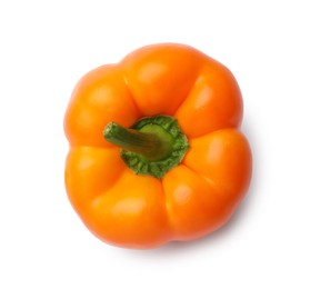 Photo of One fresh orange bell pepper isolated on white, top view