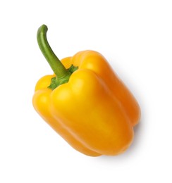 Photo of One fresh yellow bell pepper isolated on white, top view