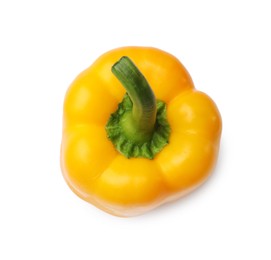 Photo of One fresh yellow bell pepper isolated on white, top view