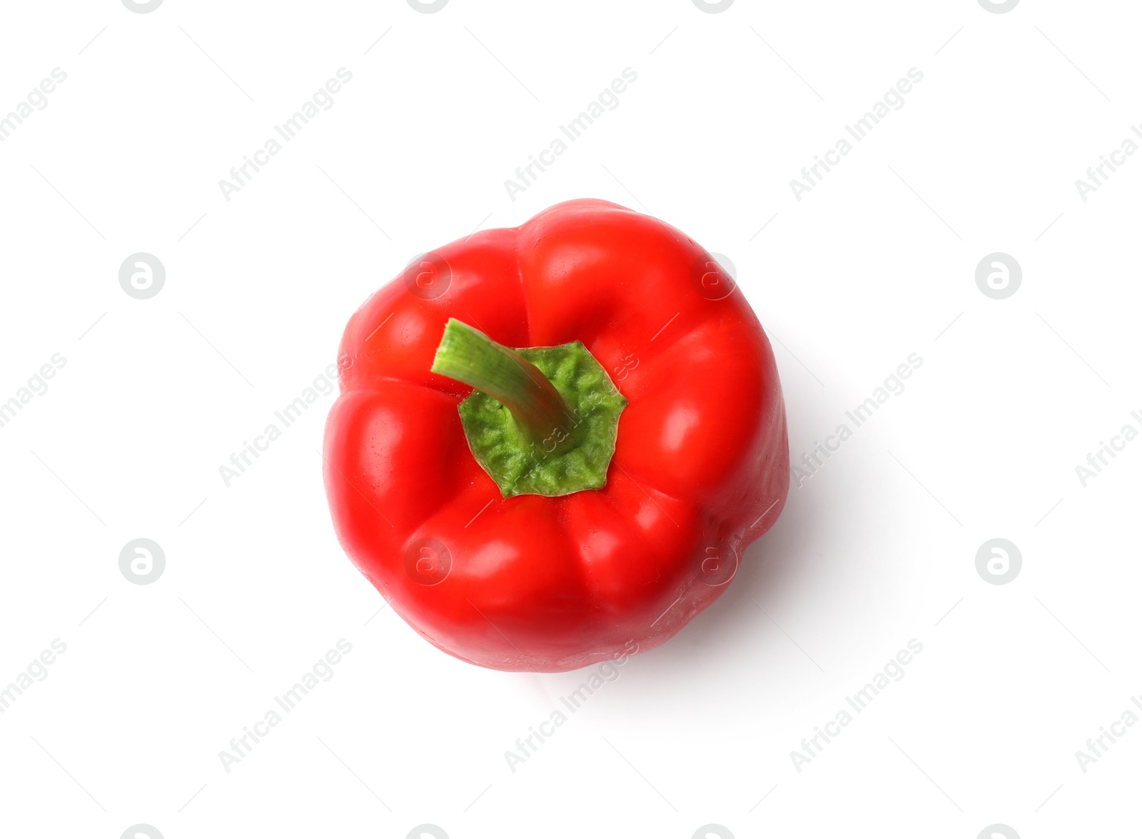 Photo of One fresh red bell pepper isolated on white, top view
