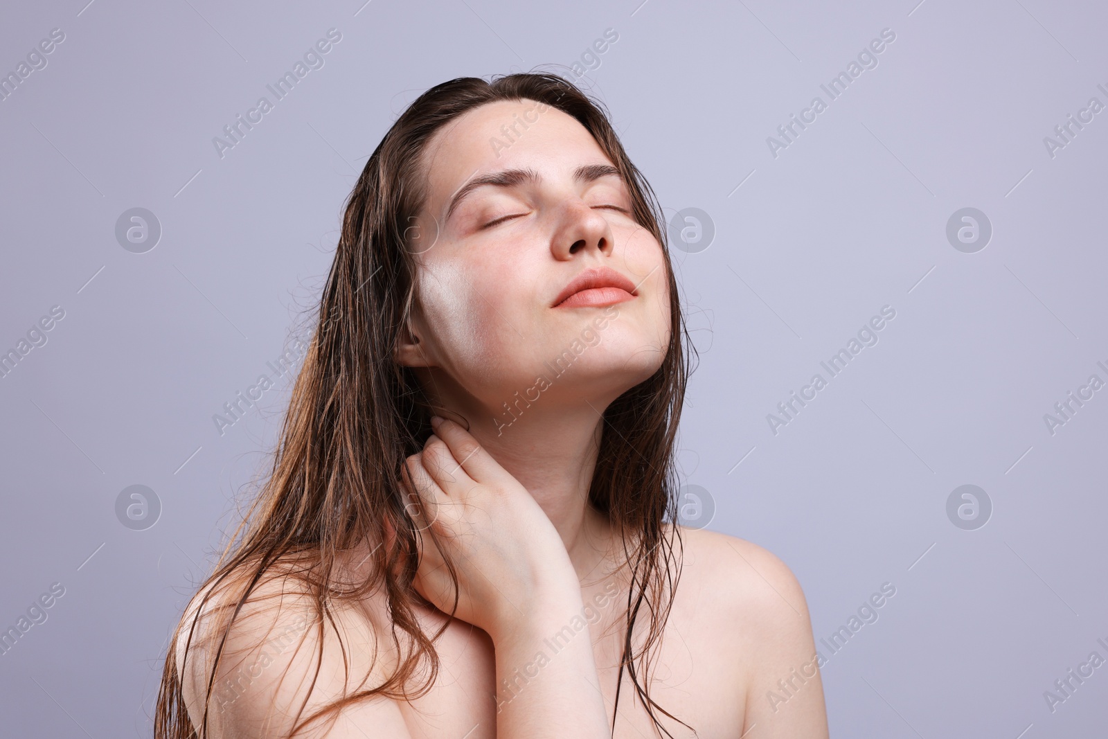 Photo of Beautiful woman with natural skin complexion on grey background, closeup