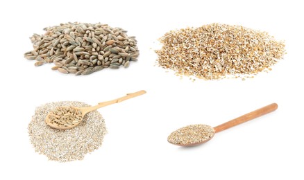 Image of Rye bran and grains isolated on white, collage