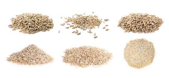 Image of Rye bran and grains isolated on white, collage