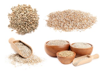 Image of Rye bran and grains isolated on white, collage