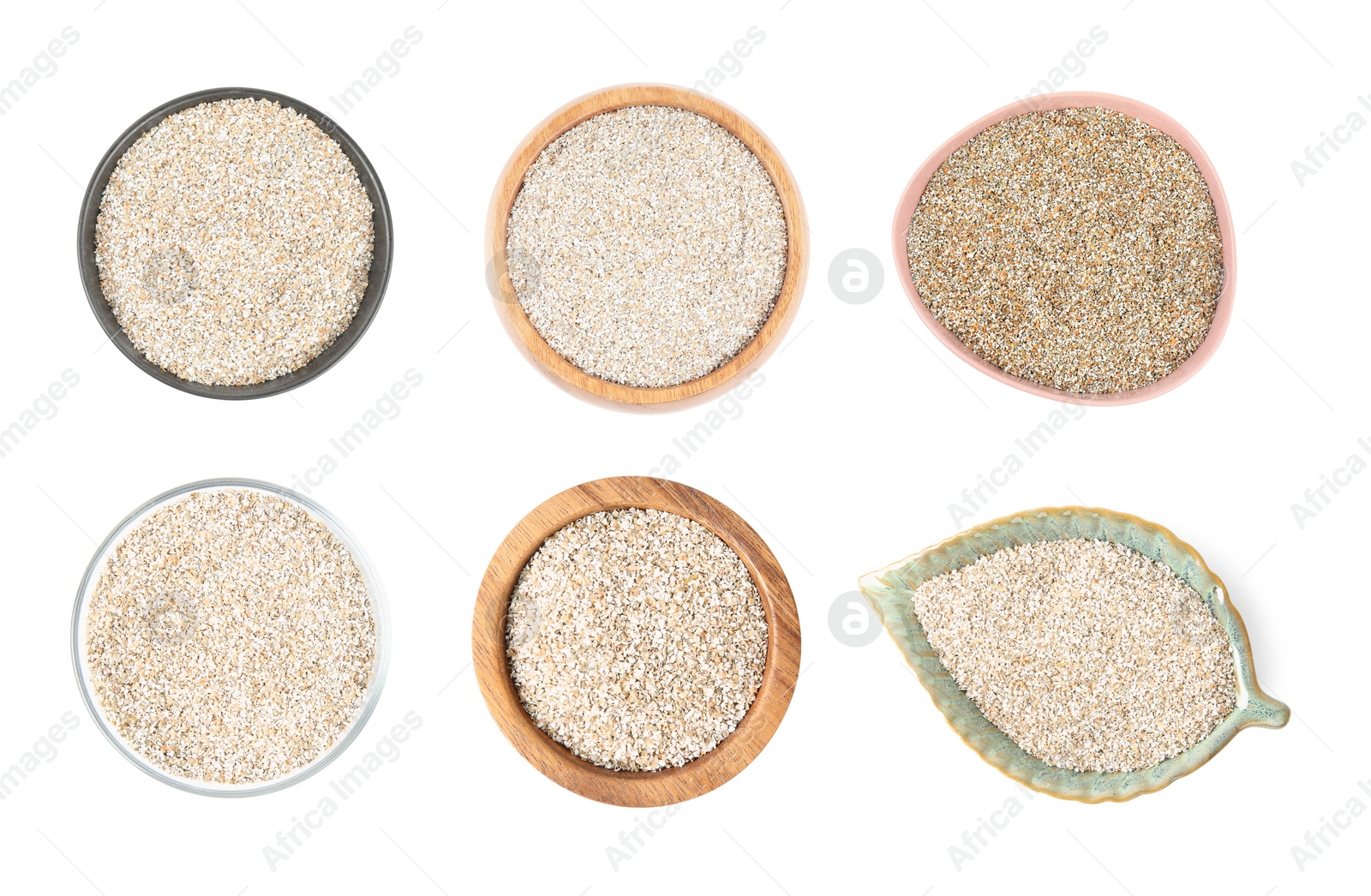 Rye bran in bowls isolated on white, set. Top view Image of Rye bran in bowls isolated on white, set. Top view