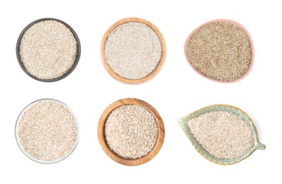 Image of Rye bran in bowls isolated on white, set. Top view