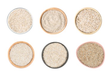 Image of Rye bran in bowls isolated on white, set. Top view