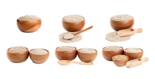 Image of Rye bran in bowls and spoons isolated on white, set