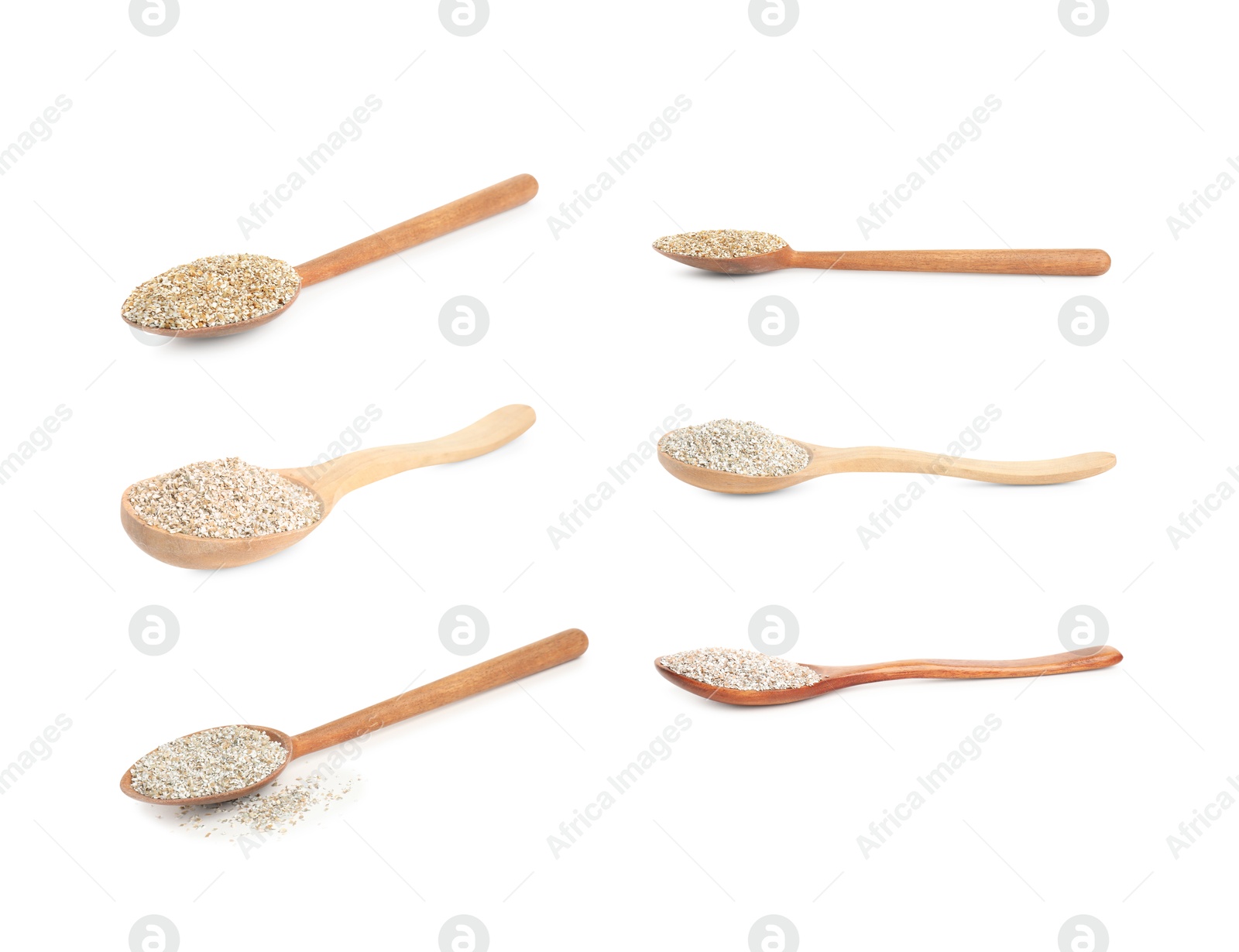 Rye bran in spoons isolated on white, set Image of Rye bran in spoons isolated on white, set