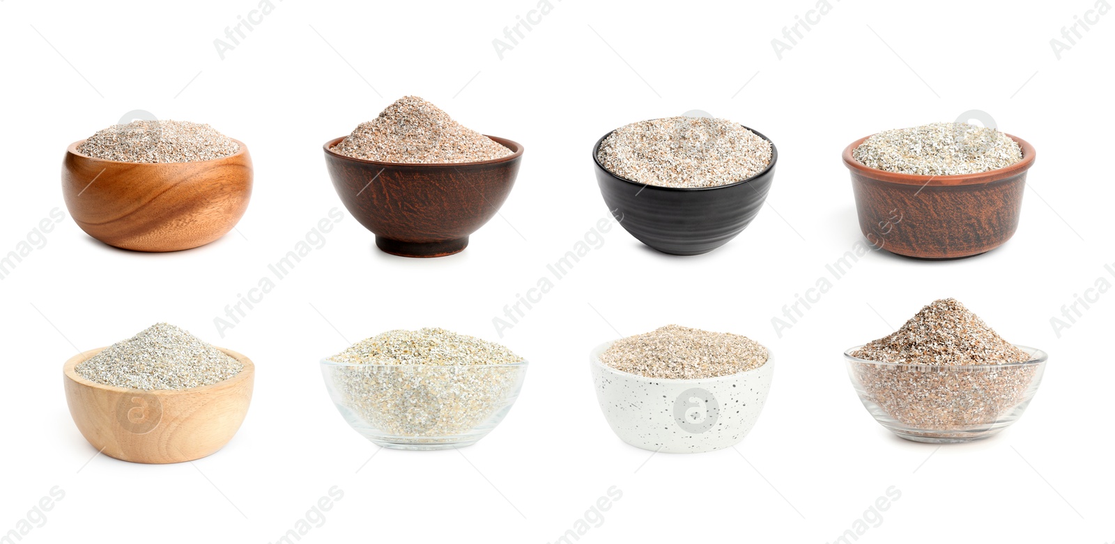Rye bran in bowls isolated on white, set Image of Rye bran in bowls isolated on white, set