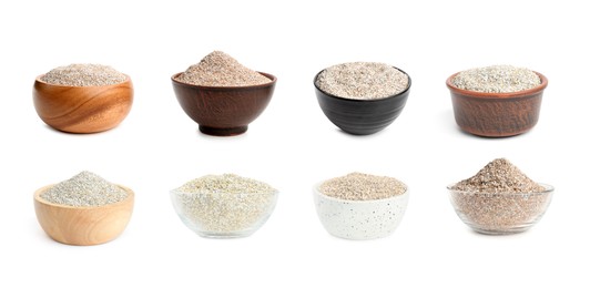 Image of Rye bran in bowls isolated on white, set