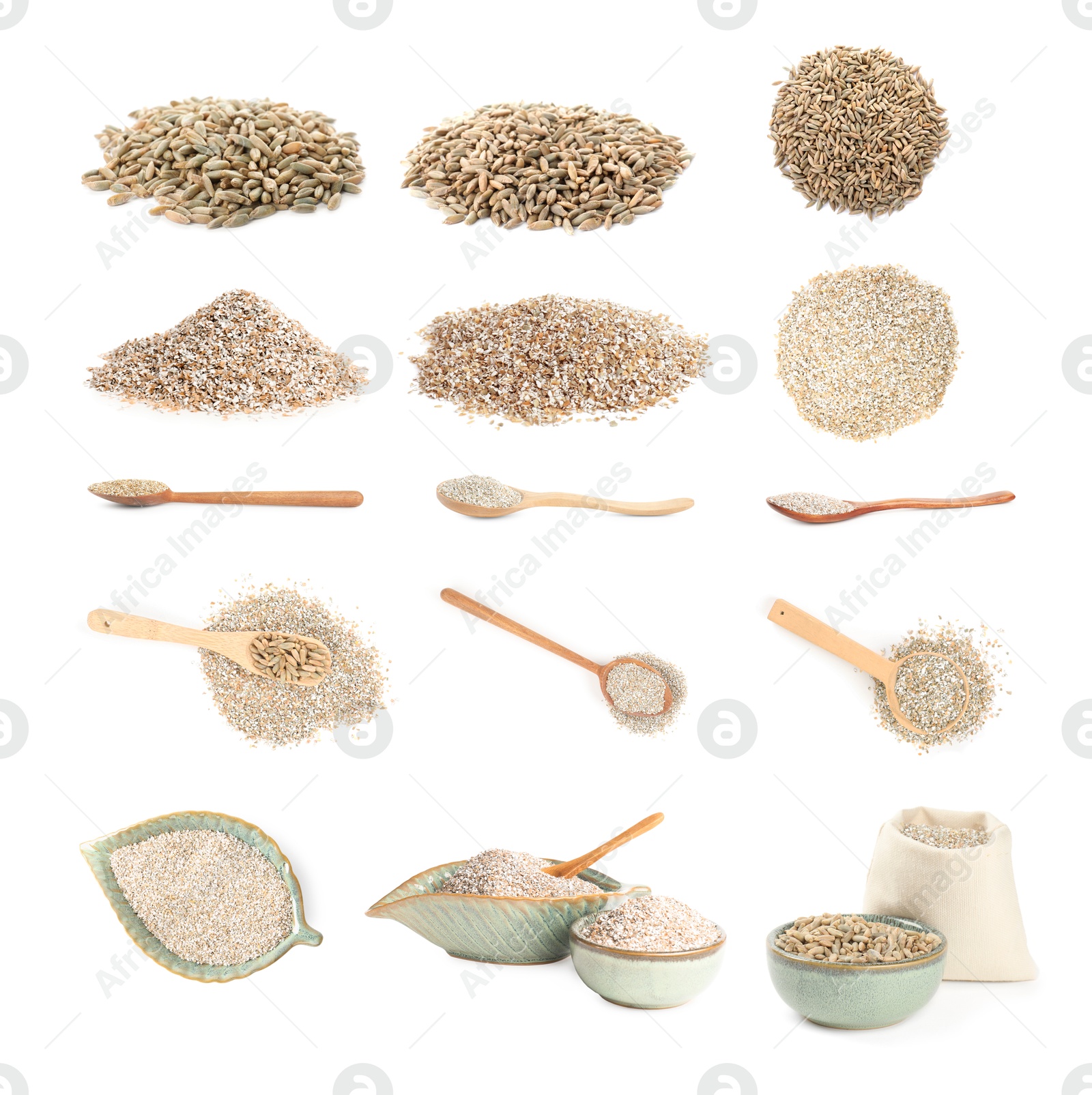 Rye bran and grains isolated on white, collage Image of Rye bran and grains isolated on white, collage