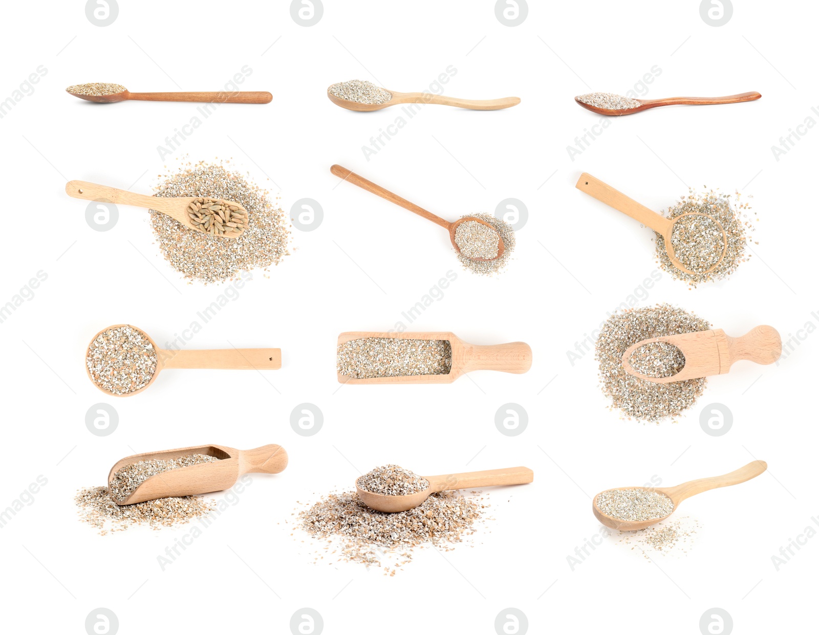 Image of Rye bran isolated on white, collage. Top and side view