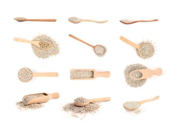 Image of Rye bran isolated on white, collage. Top and side view