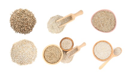 Image of Rye bran and grains isolated on white, set. Top view