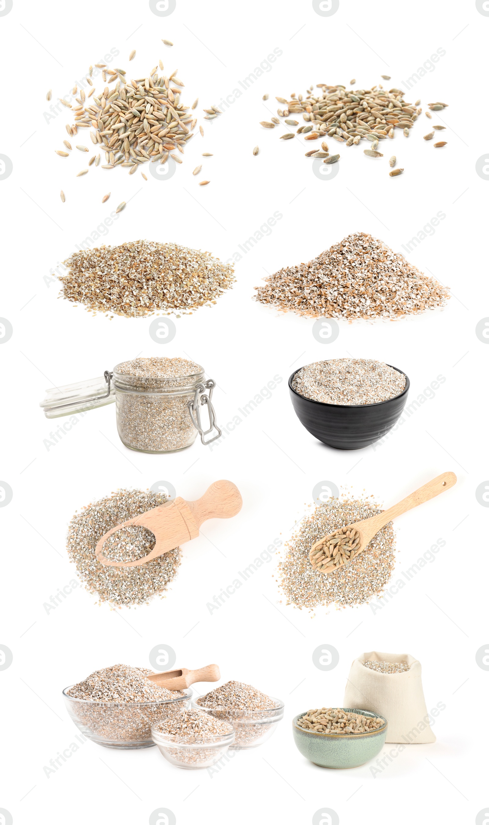 Rye bran and grains isolated on white, collage Image of Rye bran and grains isolated on white, collage
