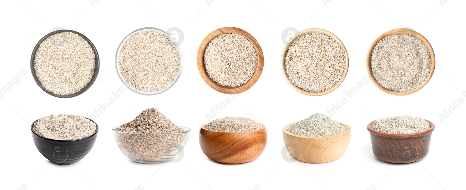 Rye bran in bowls isolated on white, collage. Top and side view Image of Rye bran in bowls isolated on white, collage. Top and side view
