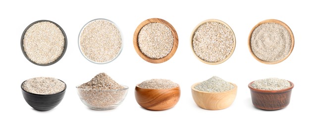 Image of Rye bran in bowls isolated on white, collage. Top and side view