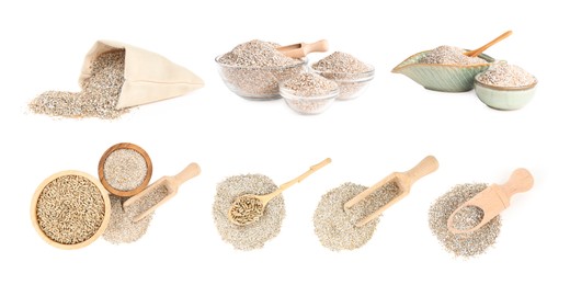 Image of Rye bran and grains isolated on white, collage