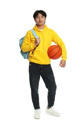 Photo of Student with basketball ball and backpack on white background