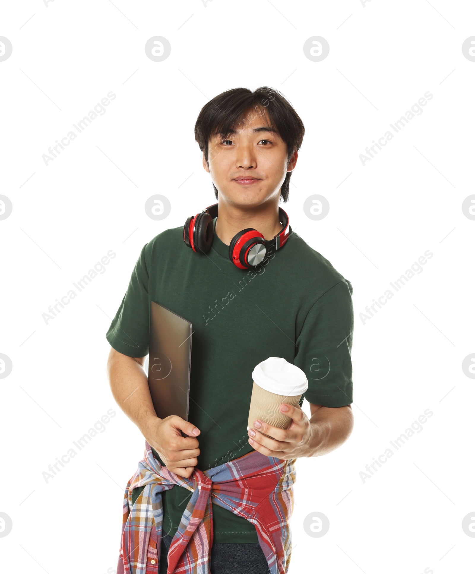 Student with headphones, coffee and laptop on white background Photo of Student with headphones, coffee and laptop on white background