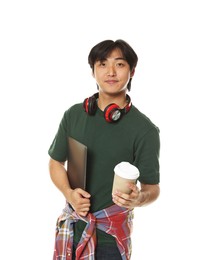Photo of Student with headphones, coffee and laptop on white background