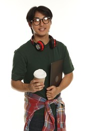 Photo of Student with headphones, coffee and laptop on white background