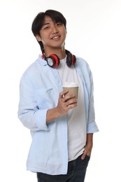 Photo of Student with headphones and coffee on white background