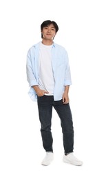 Photo of Full-length portrait of student on white background