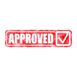 Illustration of Red stamp with word Approved and check mark on white background