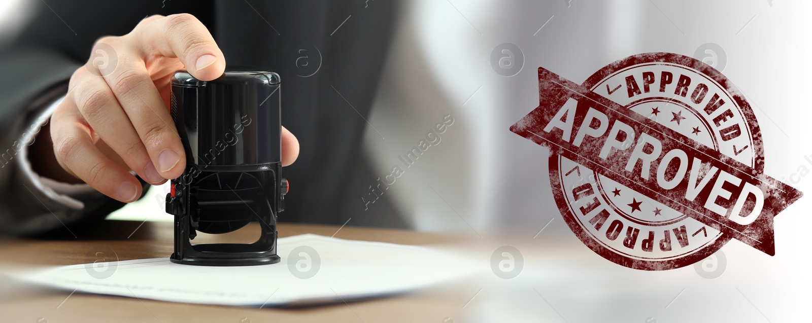 Image of Man stamping document at desk and stamp with word Approved. Banner design