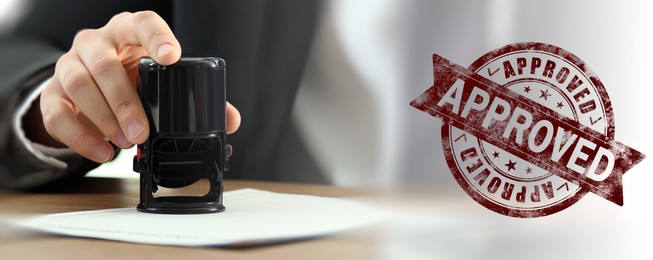 Image of Man stamping document at desk and stamp with word Approved. Banner design