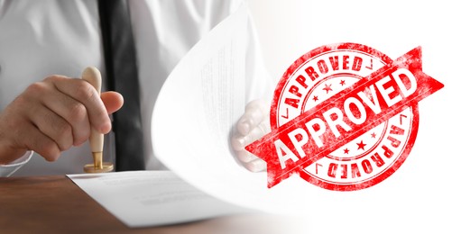 Image of Man stamping document at desk and red stamp with word Approved. Banner design