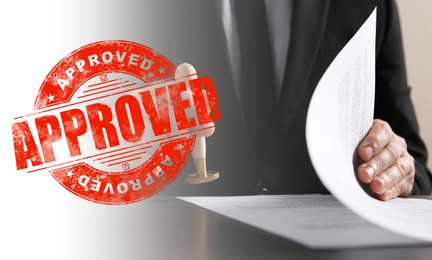 Image of Man stamping document at desk and red stamp with word Approved. Banner design
