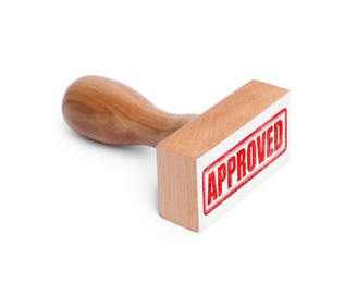 Image of Wooden stamp with word Approved on white background