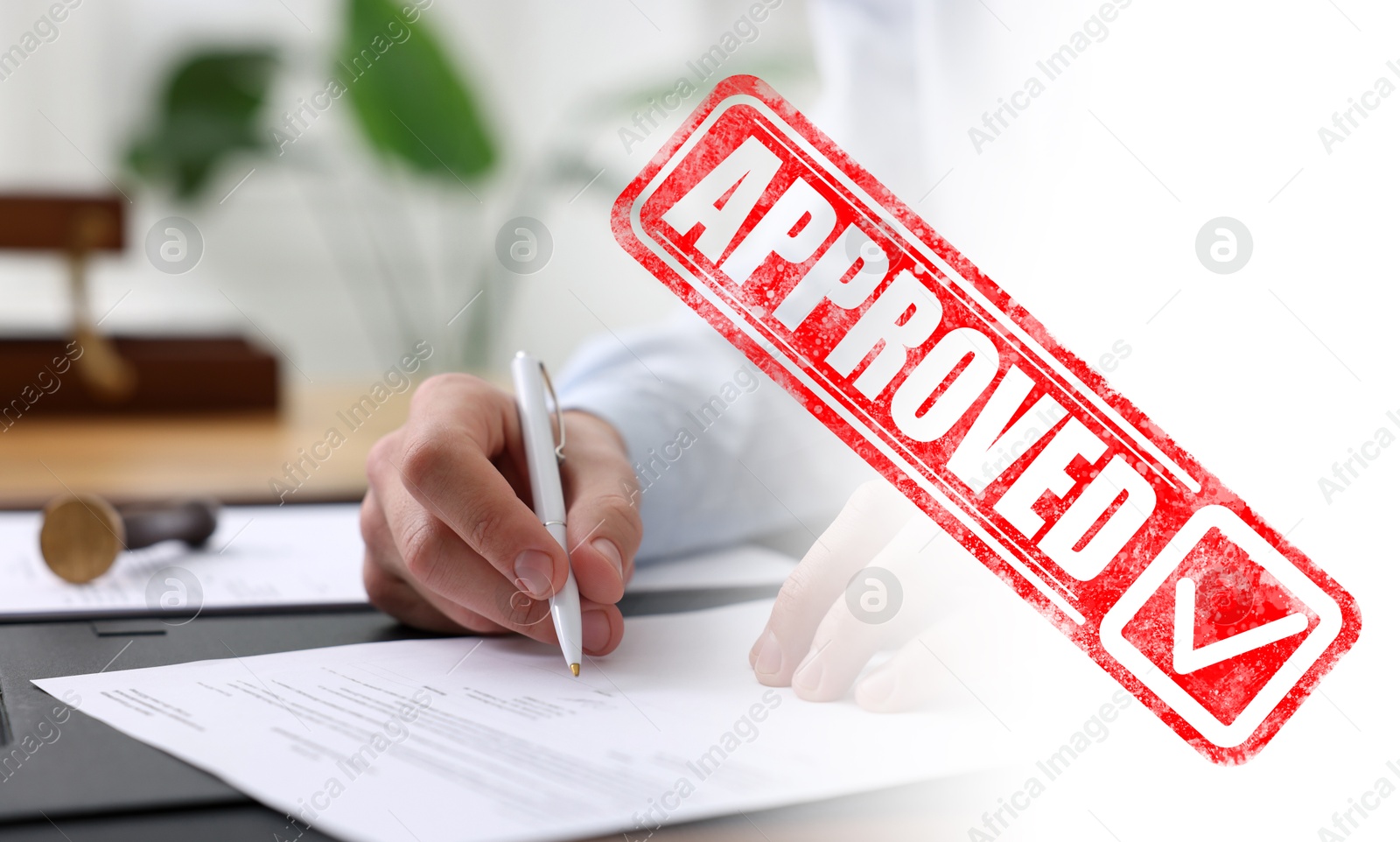 Man signing document at table in office and red stamp Approved, banner design Image of Man signing document at table in office and red stamp Approved, banner design