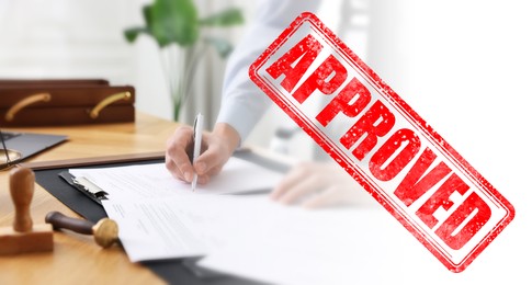 Image of Man signing document at table in office and red stamp Approved, banner design