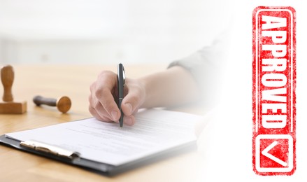 Image of Man signing document at table and red stamp Approved, banner design