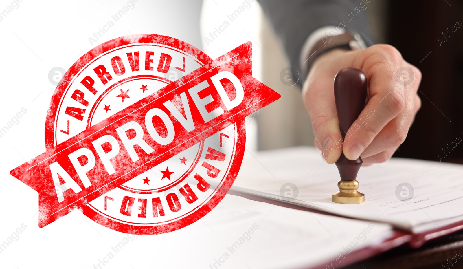 Man stamping document at table and red stamp Approved, banner design Image of Man stamping document at table and red stamp Approved, banner design