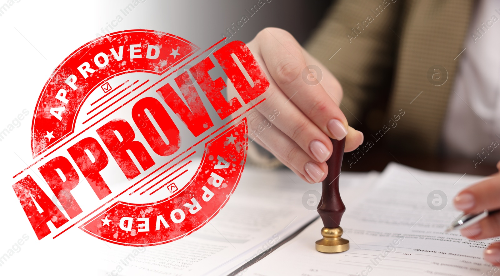 Woman stamping document at table and red stamp Approved, banner design Image of Woman stamping document at table and red stamp Approved, banner design