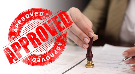Image of Woman stamping document at table and red stamp Approved, banner design